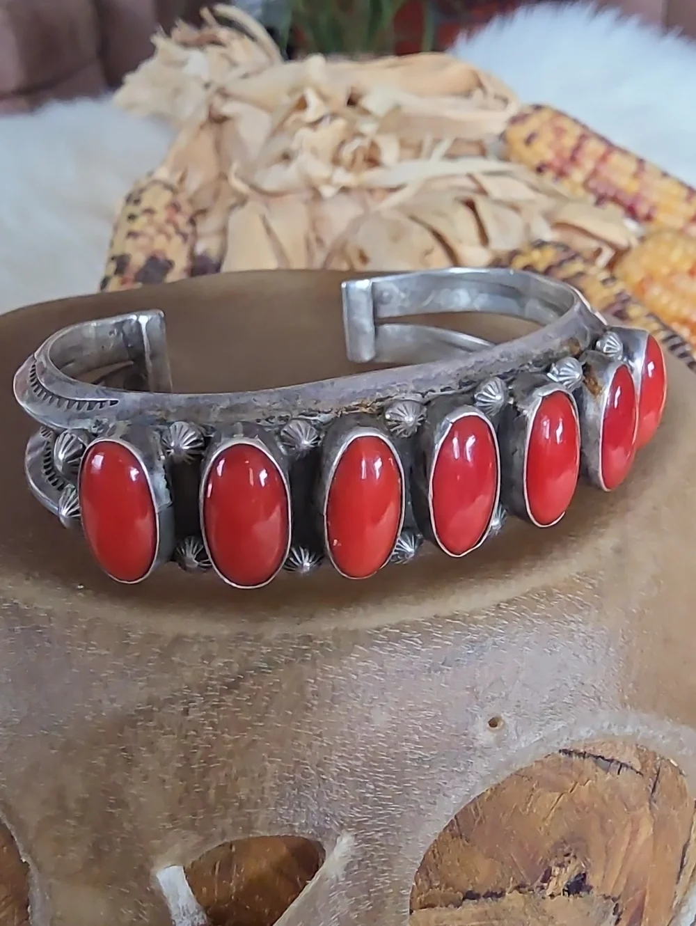 Amazing Native American Navajo Coral & Sterling Cuff By Marie Silver ❤️🎁🩶🪸